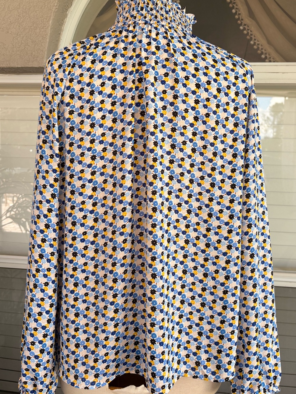 LOFT Blue and Yellow Smocked-Neck Floral Blouse - Picture 4 of 6
